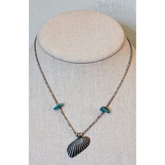 Vintage Sterling Silver Shell Twisted Bead Turquoise Chip Barrel Clasp Choker - Picture 1 of 7